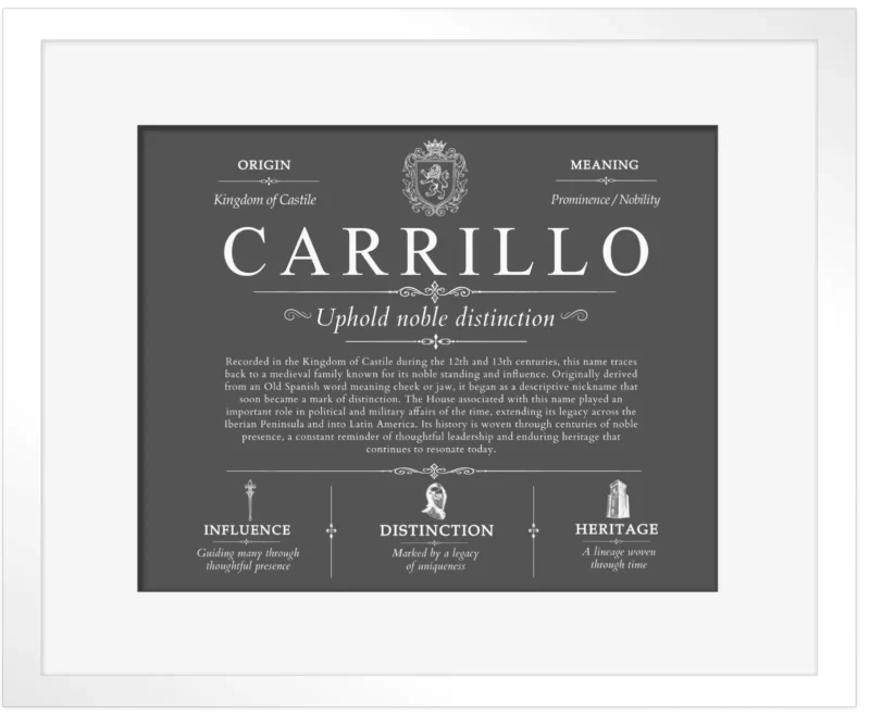 Carrillo family name history in Gray with White Matte Frame