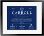 Carroll family name origin and history in Deep Blue with Black Matte Frame