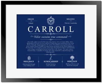 Carroll family name origin and history in Deep Blue with Black Matte Frame