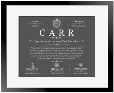 Carr surname meaning history and origin in Gray with Black Matte Frame