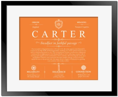 Carter surname origin and history in Orange with Black Matte Frame