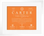 Carter surname origin and history in Orange with White Matte Frame