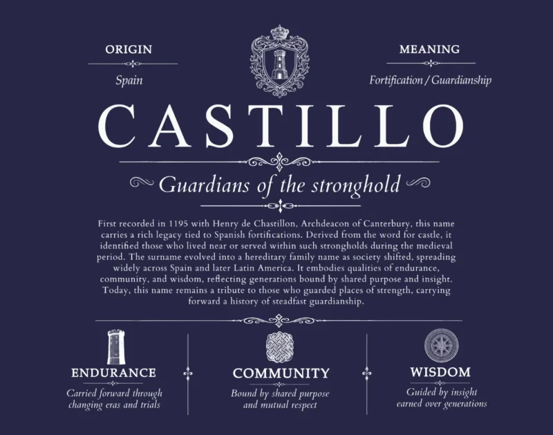 Castillo surname origin and history in Navy Blue