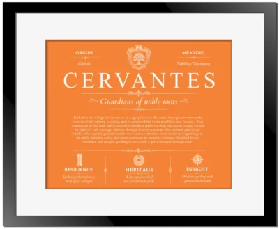 Cervantes family name heritage in Orange with Black Matte Frame