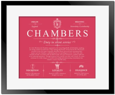 Chambers family name history in Red with Black Matte Frame
