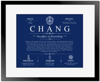 Chang surname origin and family heritage in Deep Blue with Black Matte Frame