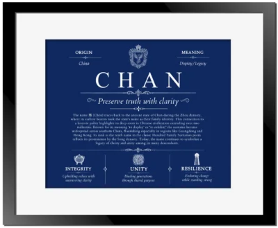 Chan family name heritage in Deep Blue with Black Matte Frame