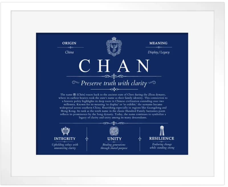 Chan family name heritage in Deep Blue with White Matte Frame