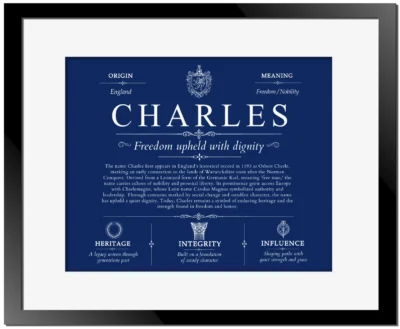 Charles family name origin and history in Deep Blue with Black Matte Frame