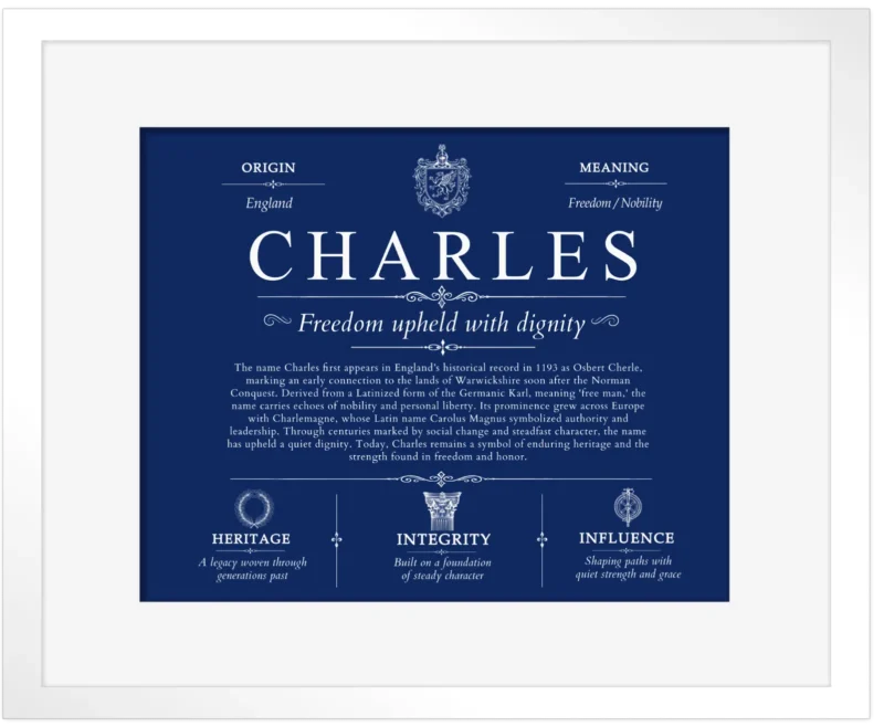 Charles family name origin and history in Deep Blue with White Matte Frame