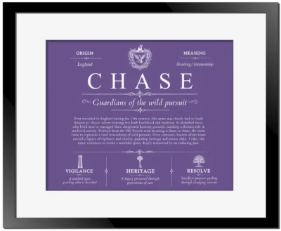 Chase surname history and family heritage in Purple with Black Matte Frame