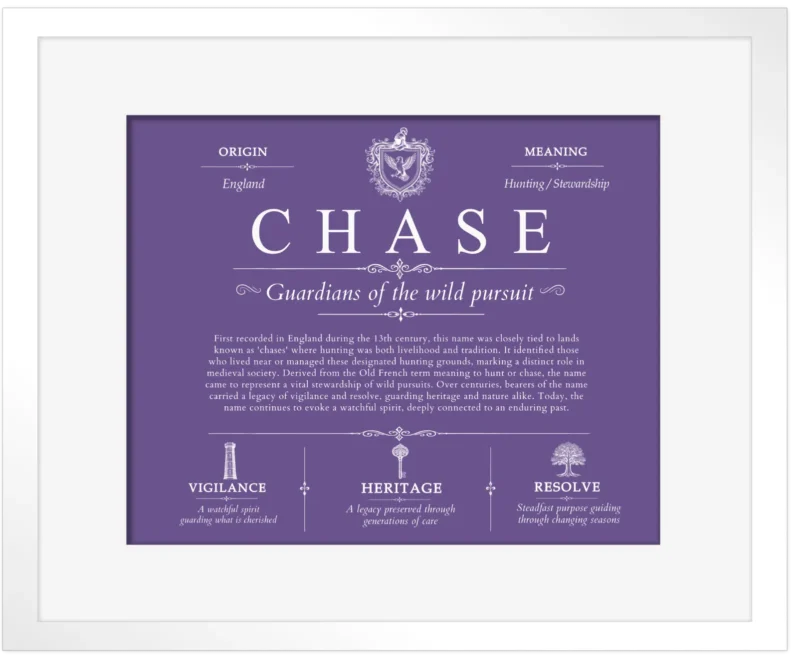 Chase surname history and family heritage in Purple with White Matte Frame