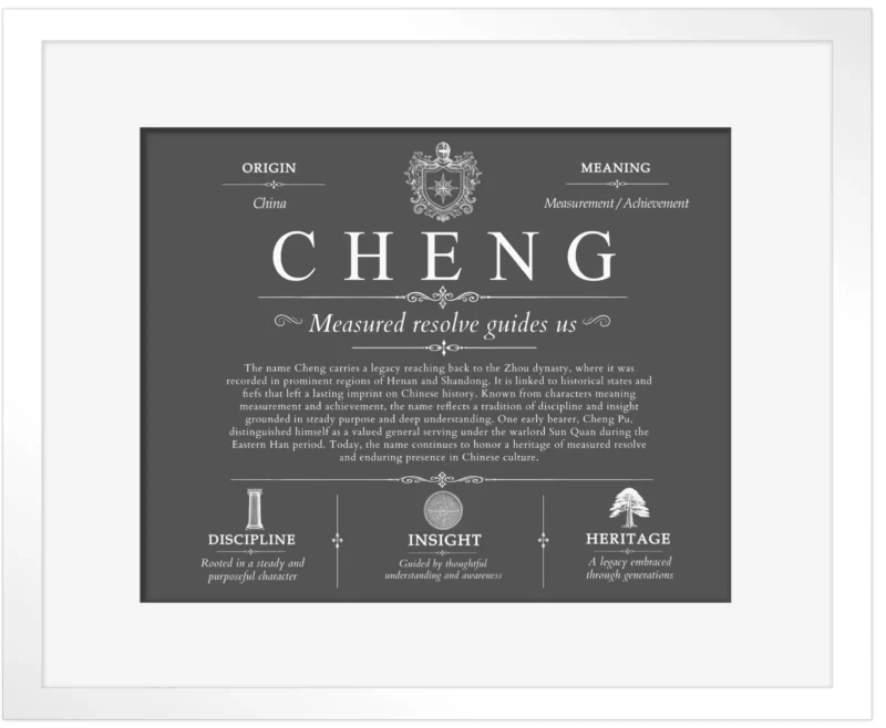 Cheng family name history in Gray with White Matte Frame