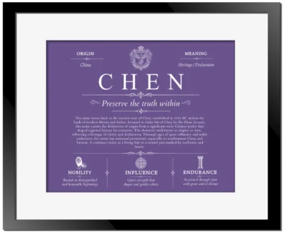 Chen family name meaning and history in Purple with Black Matte Frame