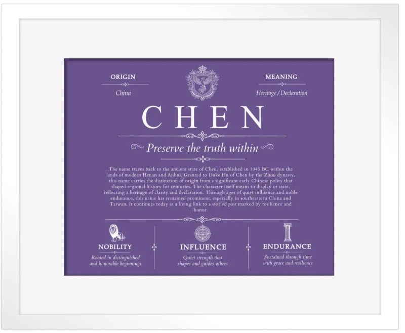 Chen family name meaning and history in Purple with White Matte Frame