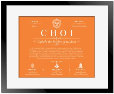 Choi family name heritage in Orange with Black Matte Frame