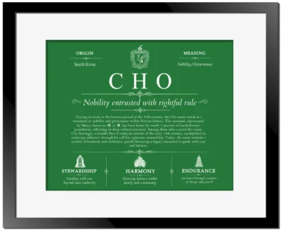 Cho surname origin and family heritage in Dark Green with Black Matte Frame