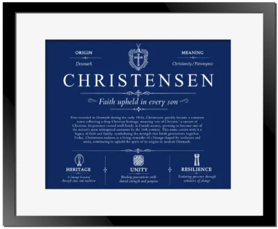 Christensen surname meaning and heritage in Deep Blue with Black Matte Frame