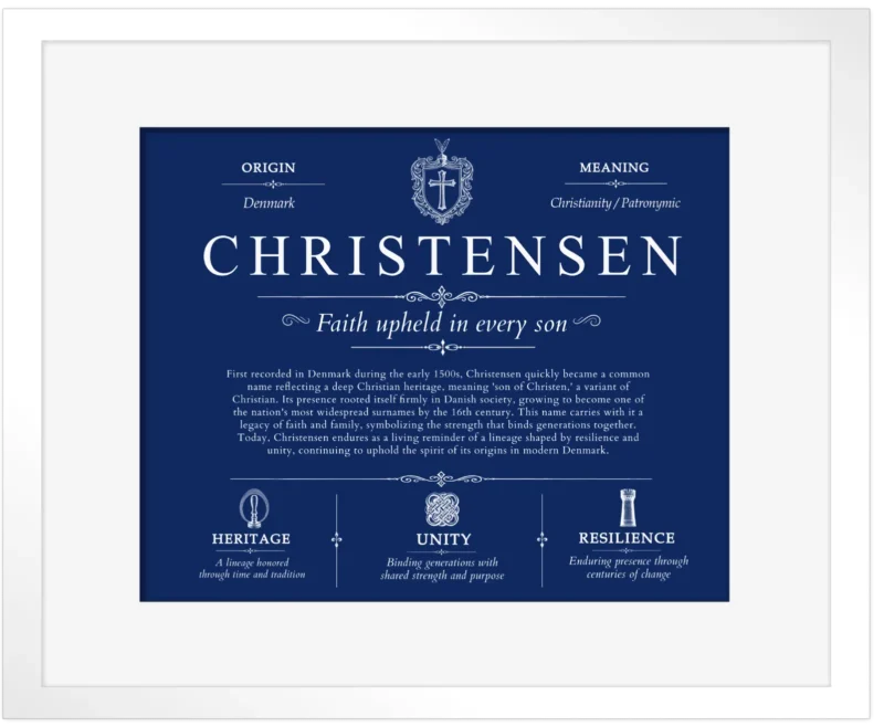 Christensen surname meaning and heritage in Deep Blue with White Matte Frame