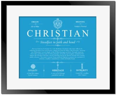 Christian surname heritage and history in Blue with Black Matte Frame