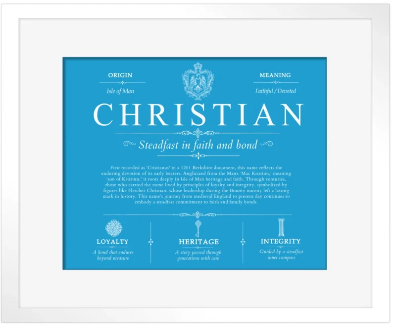 Christian surname heritage and history in Blue with White Matte Frame