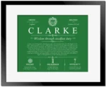 Clarke family name origin and history in Dark Green with Black Matte Frame