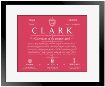 Clark last name meaning and origin in Red with Black Matte Frame