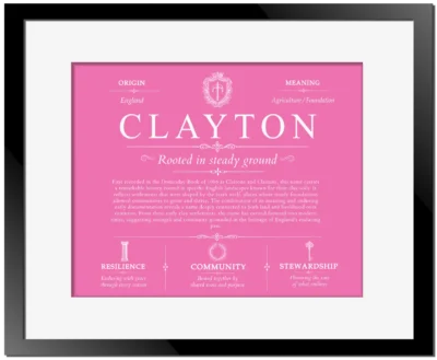 Clayton surname heritage and history in Pink with Black Matte Frame