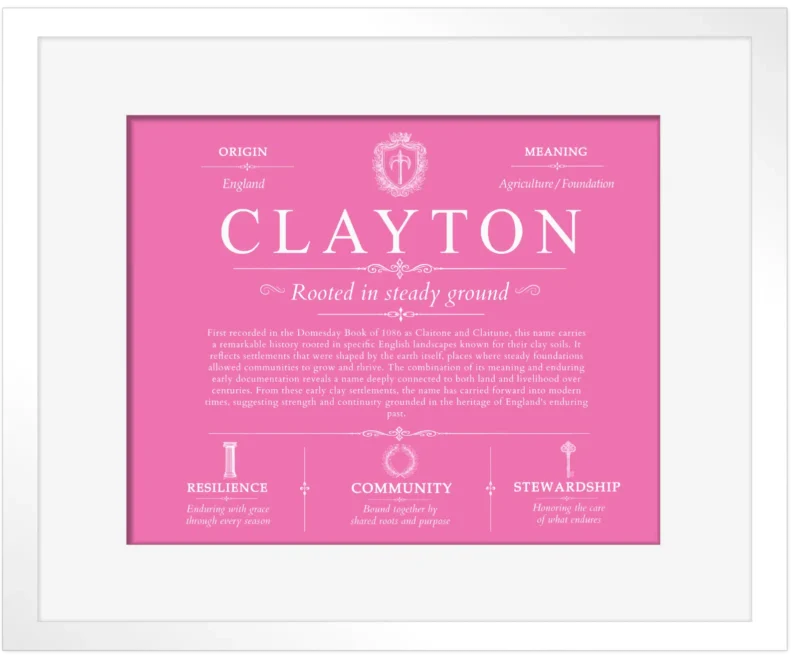 Clayton surname heritage and history in Pink with White Matte Frame