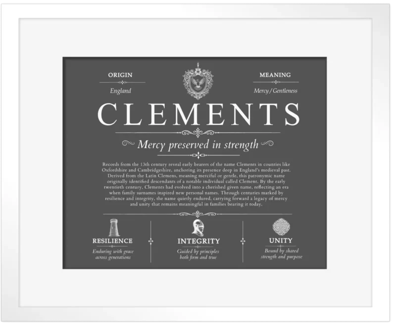 Clements family name meaning and history in Gray with White Matte Frame