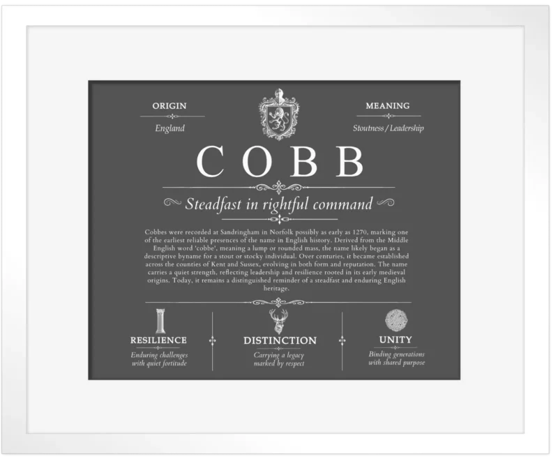 Cobb surname history and family heritage in Gray with White Matte Frame