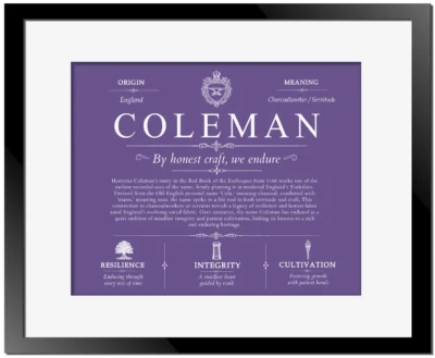 Coleman surname meaning and origin in Purple with Black Matte Frame