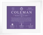 Coleman surname meaning and origin in Purple with White Matte Frame