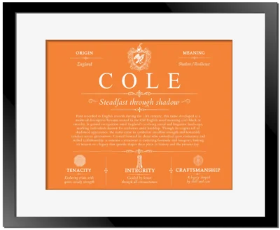 Cole surname meaning origin and heritage in Orange with Black Matte Frame