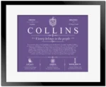 Collins surname origin and family heritage in Purple with Black Matte Frame