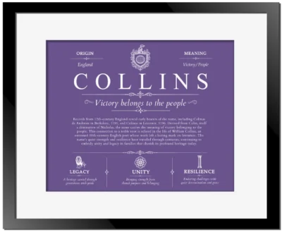 Collins surname origin and family heritage in Purple with Black Matte Frame