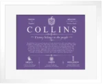 Collins surname origin and family heritage in Purple with White Matte Frame Collins surname origin and family heritage in Purple with White Matte Frame