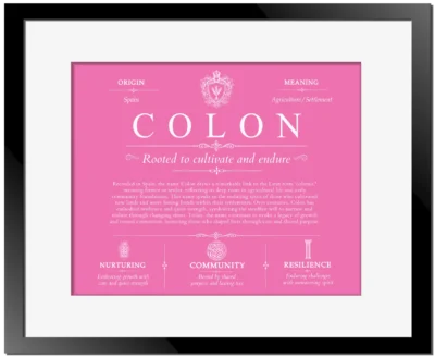 Colon family name meaning and origin in Pink with Black Matte Frame