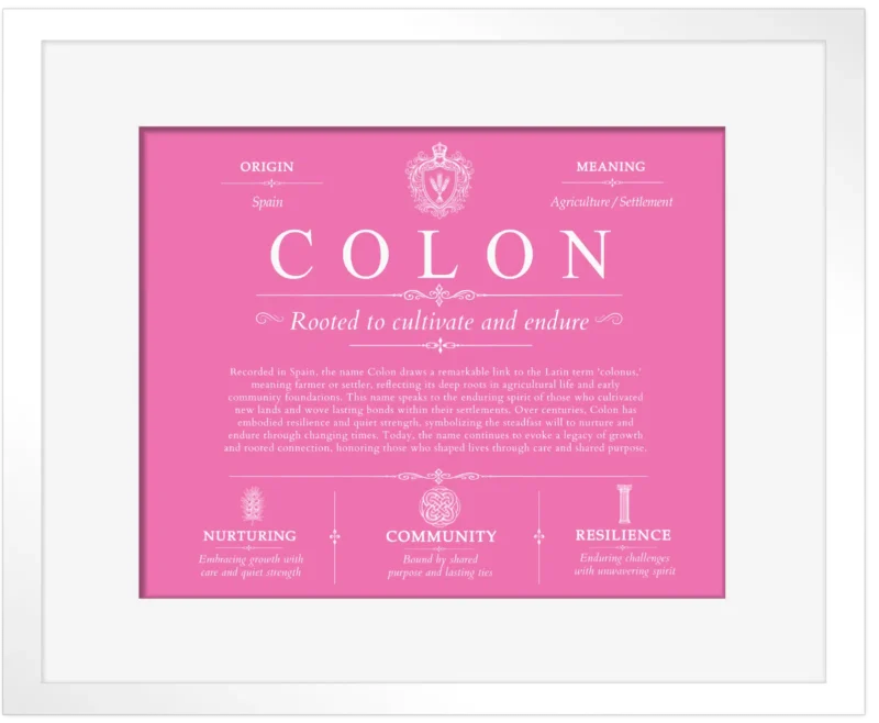 Colon family name meaning and origin in Pink with White Matte Frame