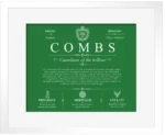 Combs surname meaning origin and heritage in Dark Green with White Matte Frame