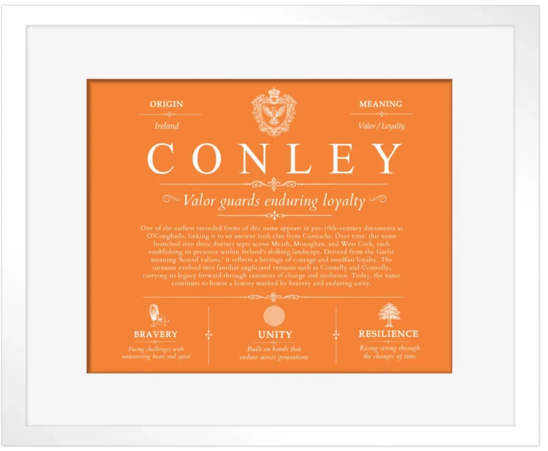 Conley family name meaning and history in Orange with White Matte Frame