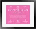 Contreras surname meaning and origin in Pink with Black Matte Frame