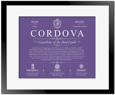 Cordova family name history in Purple with Black Matte Frame
