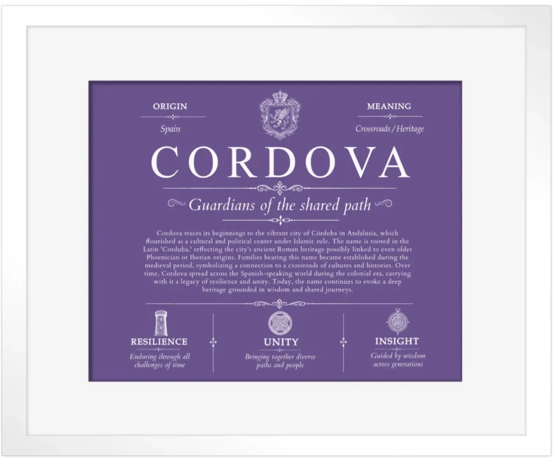 Cordova family name history in Purple with White Matte Frame