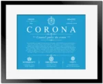 Corona surname history and heritage in Blue with Black Matte Frame