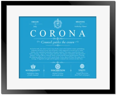Corona surname history and heritage in Blue with Black Matte Frame