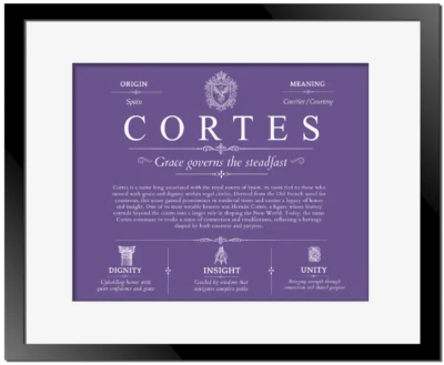 Cortes last name origin and heritage in Purple with Black Matte Frame