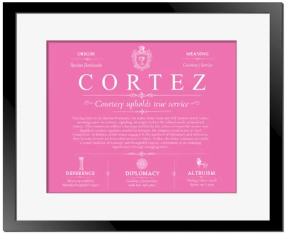 Cortez personalized surname meaning in Pink with Black Matte Frame