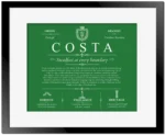 Costa surname meaning and origin in Dark Green with Black Matte Frame