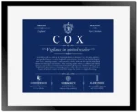 Cox surname meaning and heritage in Deep Blue with Black Matte Frame